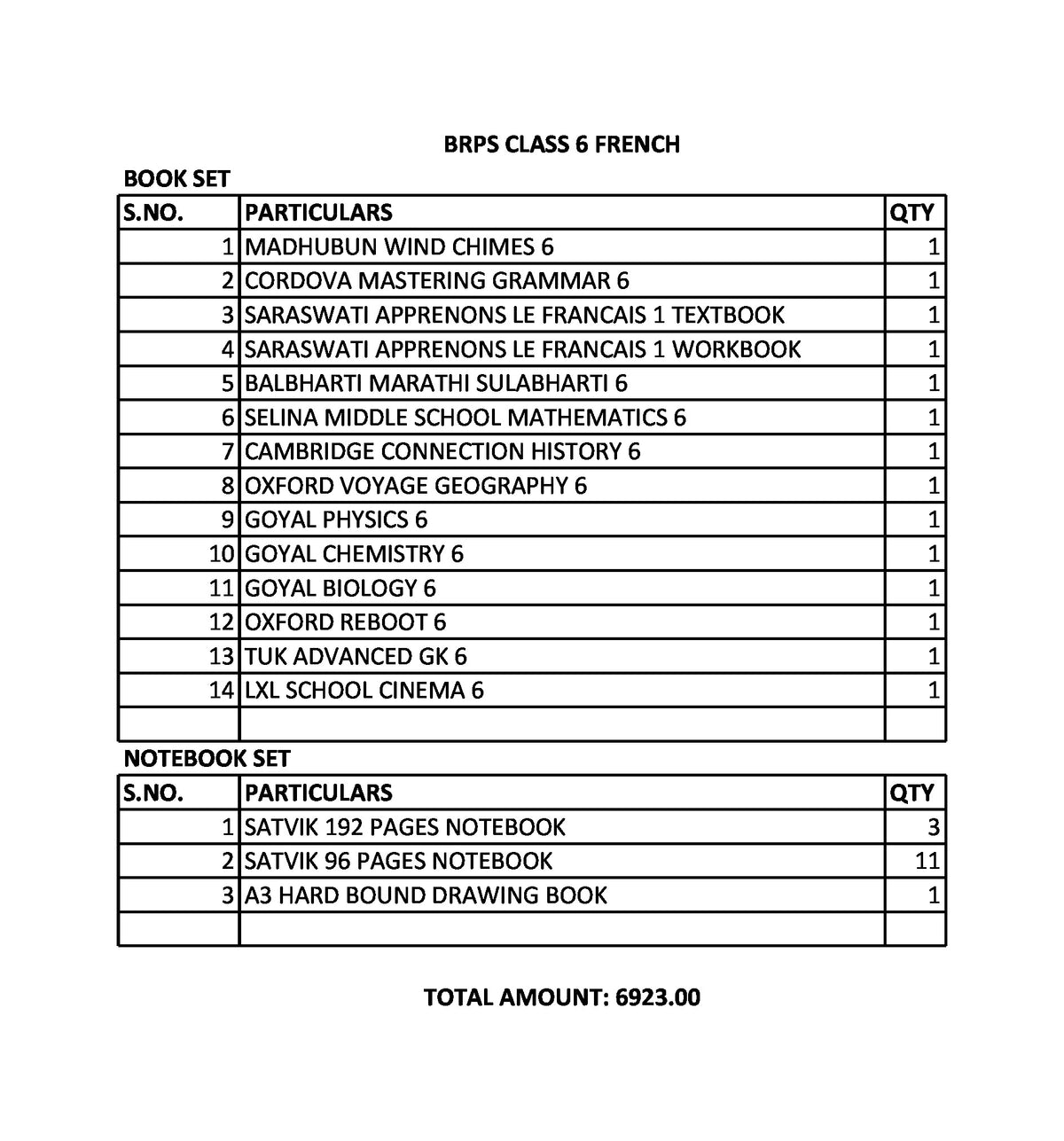 BRPS CLASS 6 FRENCH SET 2024-2025