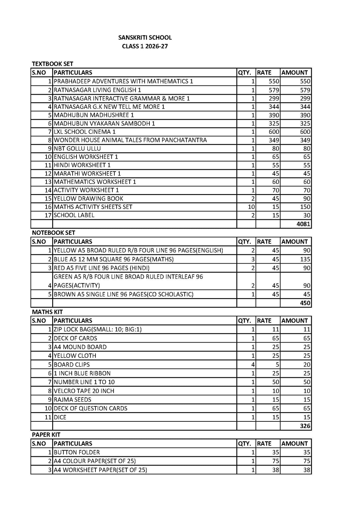 SANSKRITI SCHOOL CLASS 1 SET 2026-27