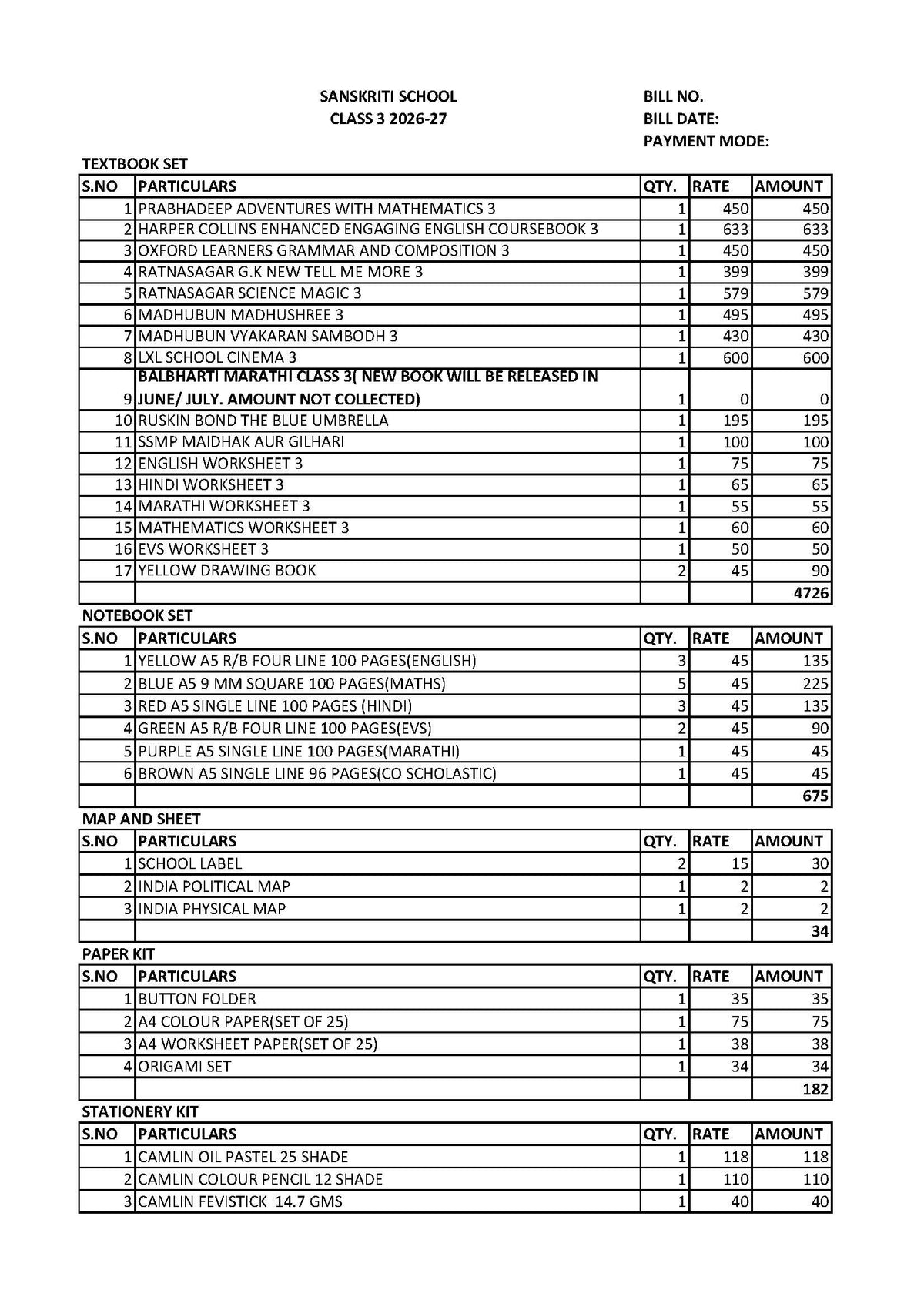 SANSKRITI SCHOOL CLASS 3 SET 2026-27