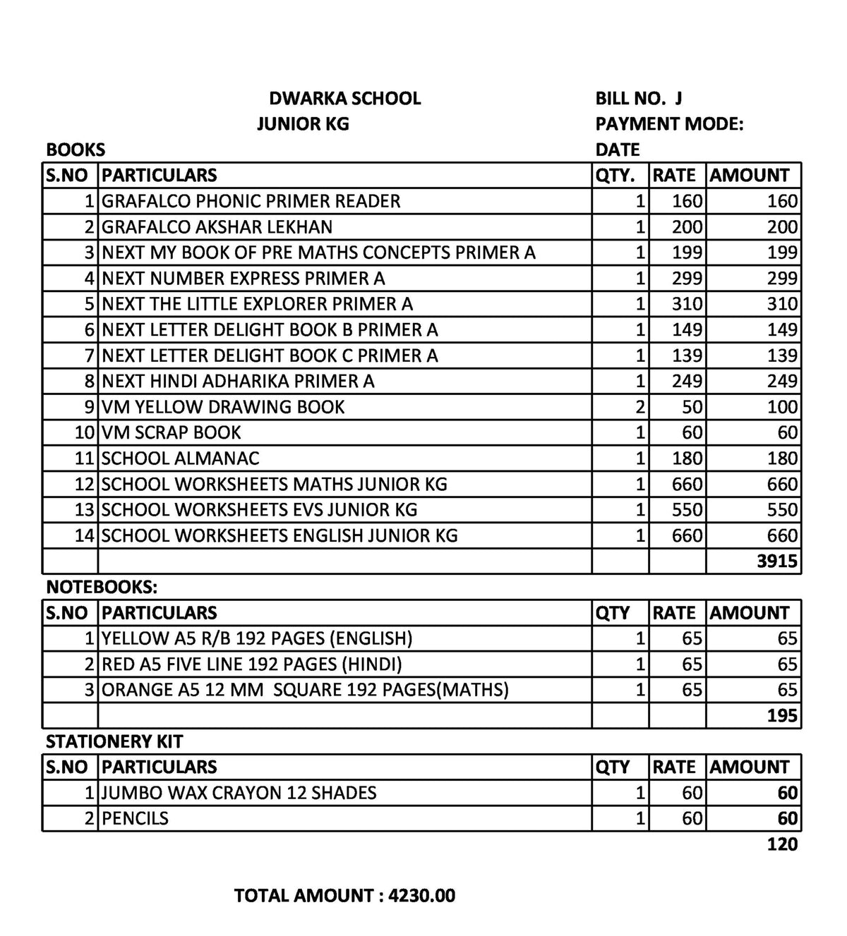 DWARKA SCHOOL JUNIOR KG SET 2024-2025