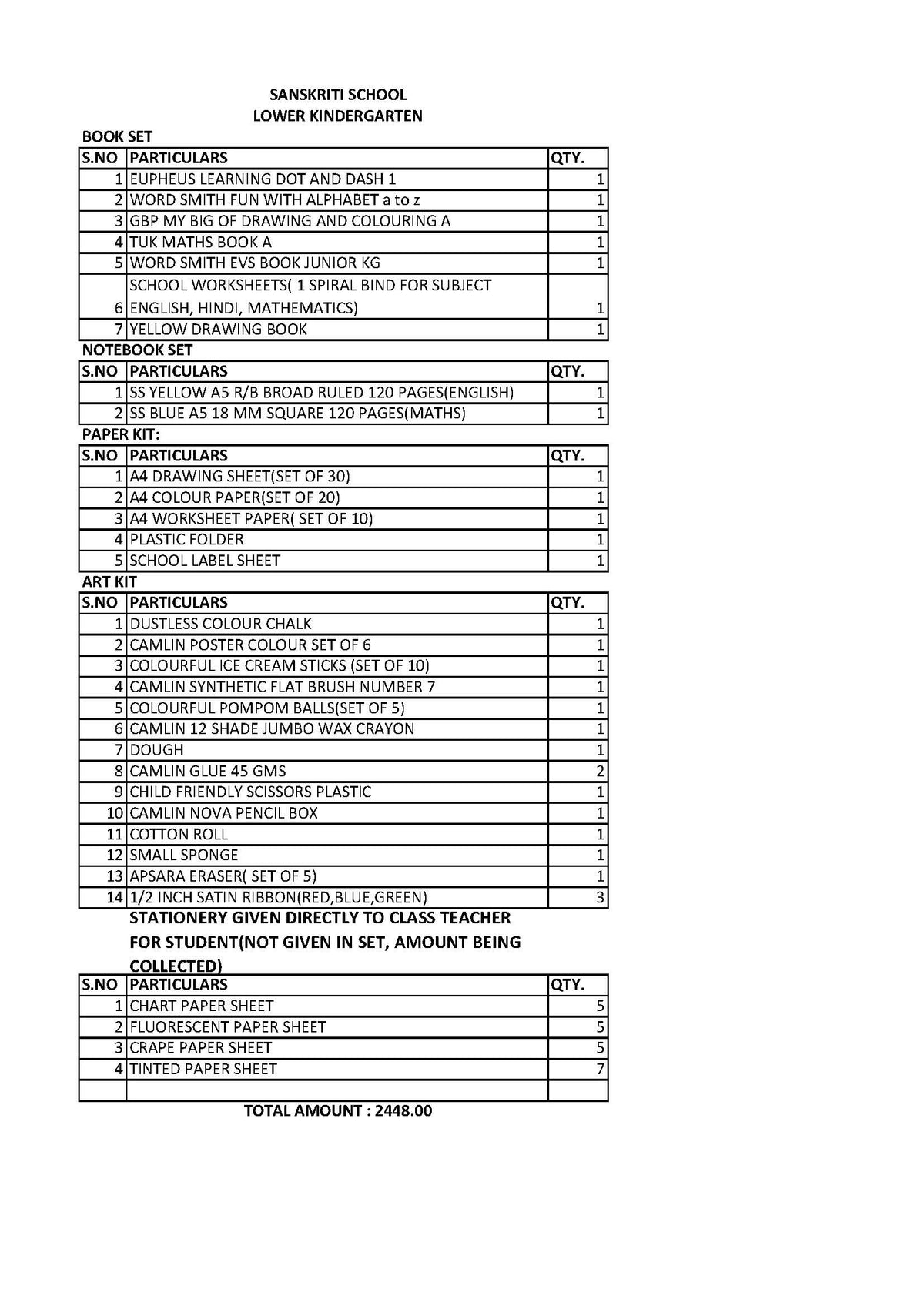 SANSKRITI SCHOOL JUNIOR KG SET 2024-25