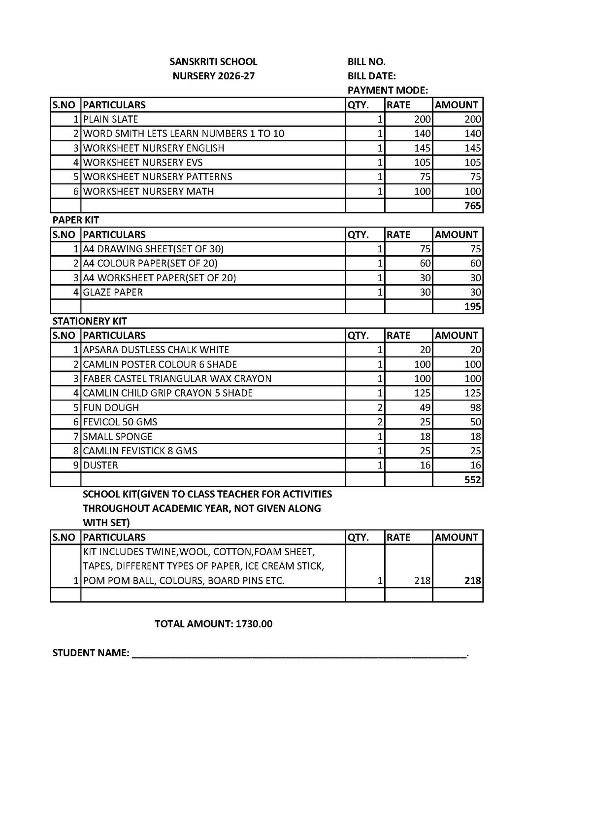 SANSKRITI SCHOOL NURSERY SET 2026-27