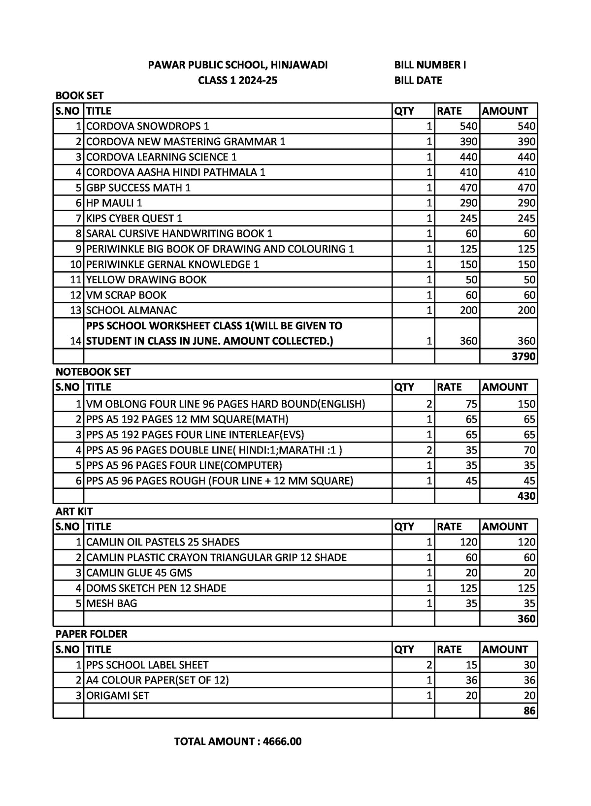 PAWAR PUBLIC SCHOOL CLASS 1 SET 2024-2025