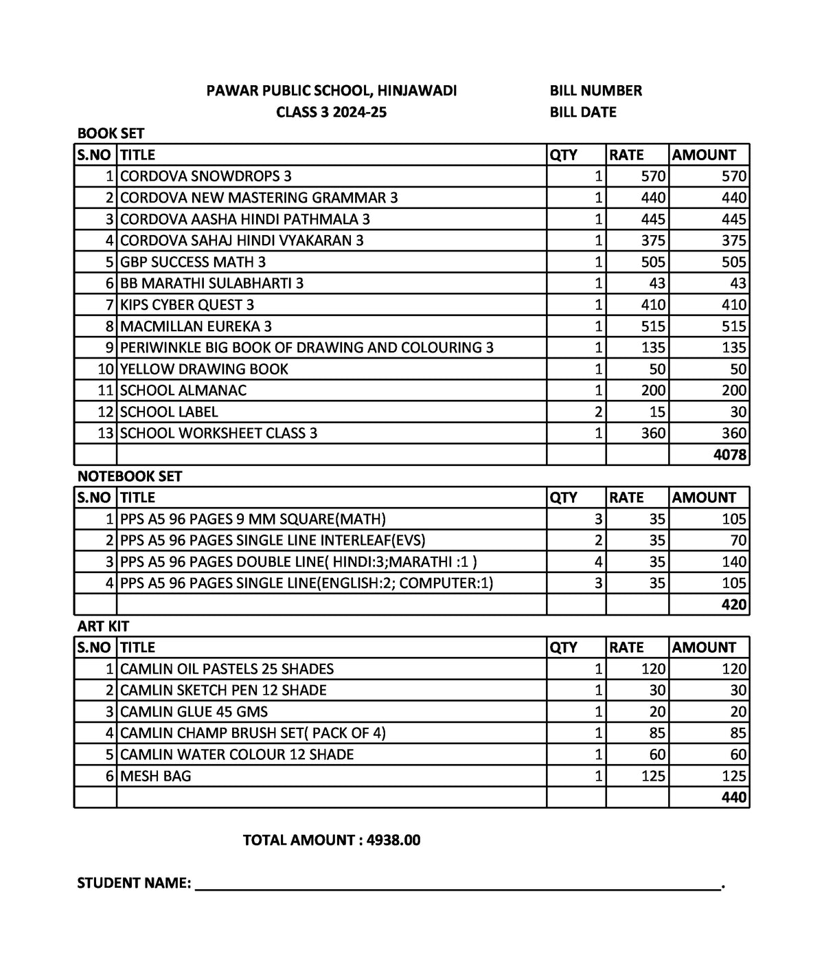 PAWAR PUBLIC SCHOOL CLASS 3 SET 2024-2025