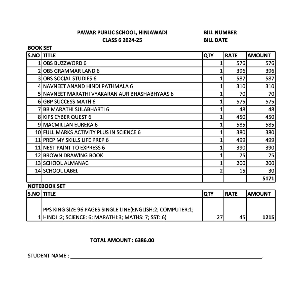 PAWAR PUBLIC SCHOOL CLASS 6 SET 2024-2025