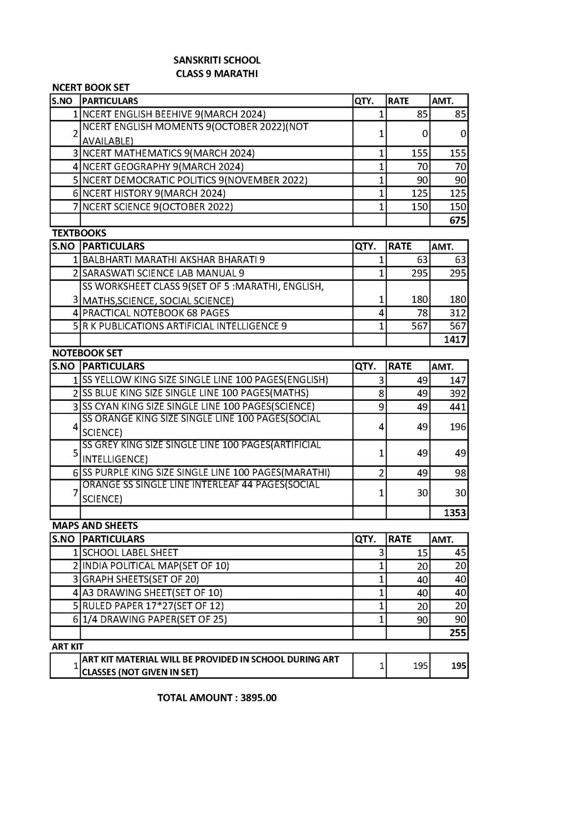 SANSKRITI SCHOOL CLASS 9 MARATHI SET 2024-25