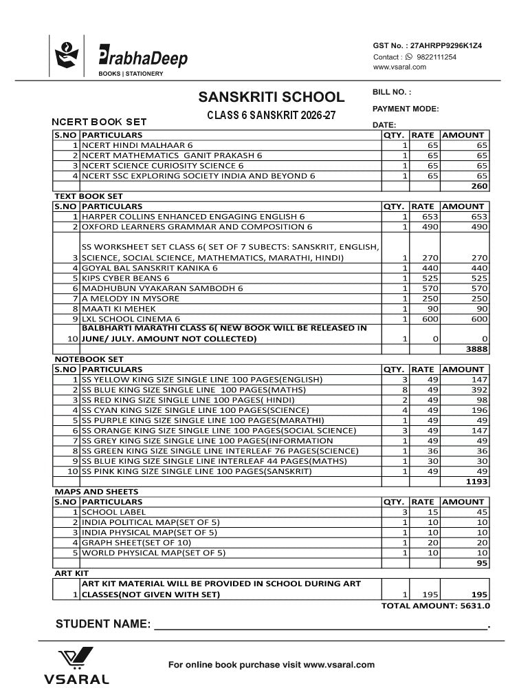 SANSKRITI SCHOOL CLASS 6 SANSKRIT KIT 2026-27